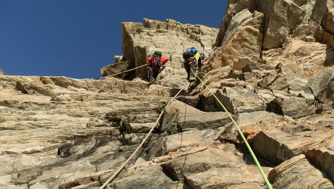 Ascending fixed ropes on the Hornli Arete of the Matterhorn