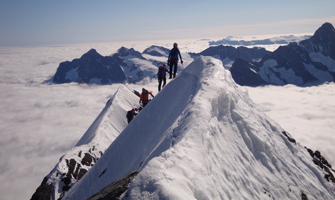 Icicle guides and clients on  the Mitelleggi  approaching the summit of the Eiger