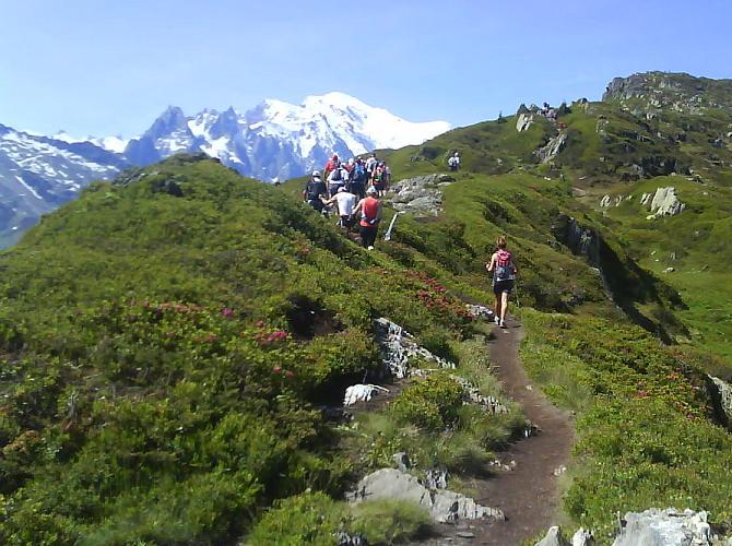 Runners approaching the Aiguillette des Possettes 2200m