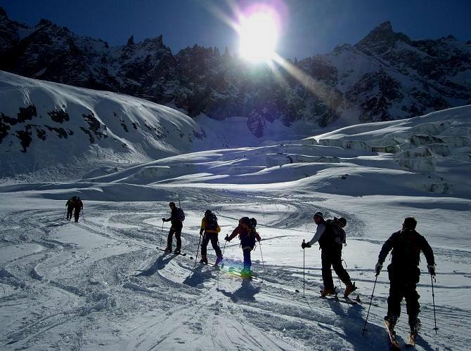 Group ski touring up the glacier