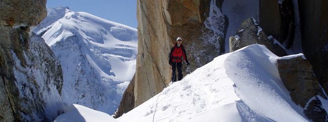 Photo: climbing on the Cosmique Arete above Chamonix