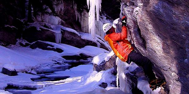 Dry tooling in a gorge near to Val de Cogne in Northern Italy