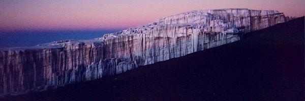 The summit crater icefields on Kilimanjaro, lit by the sunrise on the summit day