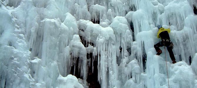 Climbing a curtain of mushroom ice in La Grave, France