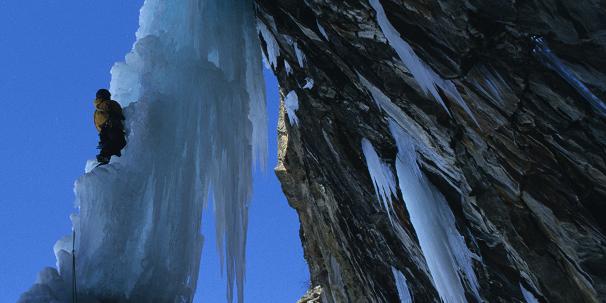 Leading on the free standing Hard Ice Direct, WI6, Val de Cogne