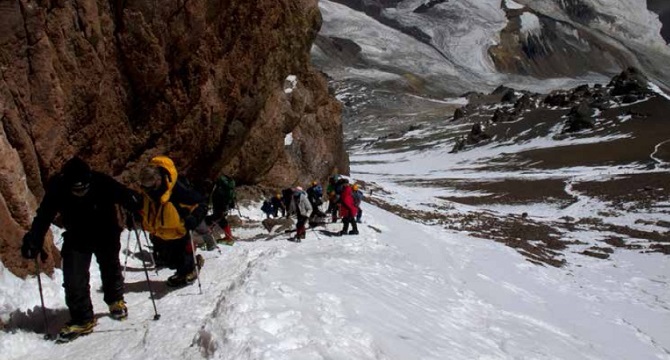 Ascending the Canaleta to reach the summit plateau of Aconcagua