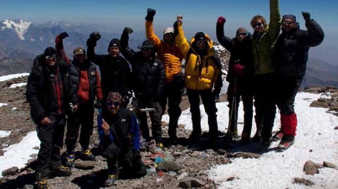 Celebrating on the summit of Aconcagua