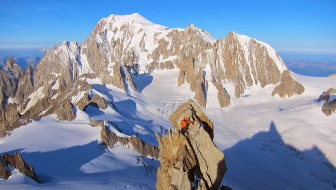 On the Dent du Geant with Mont Blanxc behind