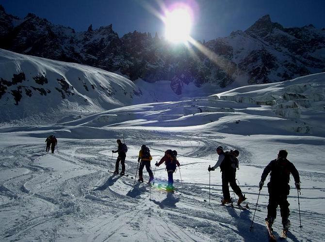 Group ski touring up
the glacier