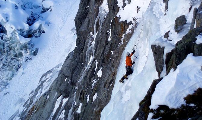 Ice climbing on Deferlante, far above the Argentiere Glacier icefalls
