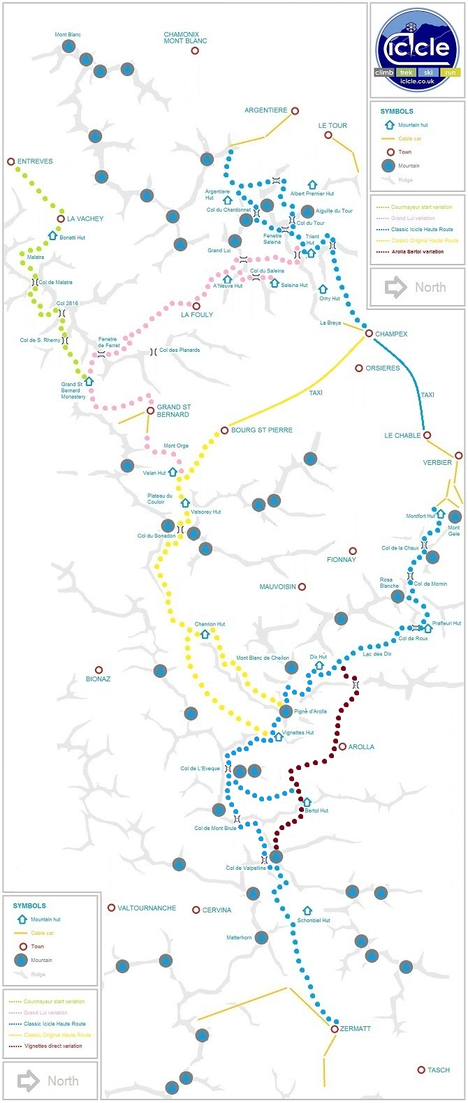 Icicle Haute Route ski tour route variations map