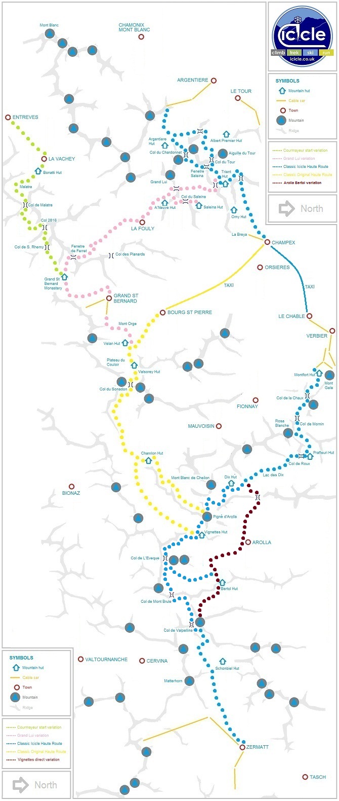 Icicle Haute Route ski tour route variations map