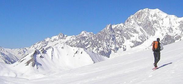 Snowshoeing in the Aoste region, with Mont Blanc in the background